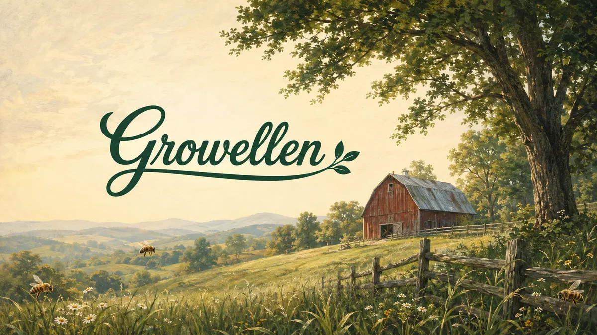 Growellen illustrated farm hero image with a barn, meadow, and honeybees.